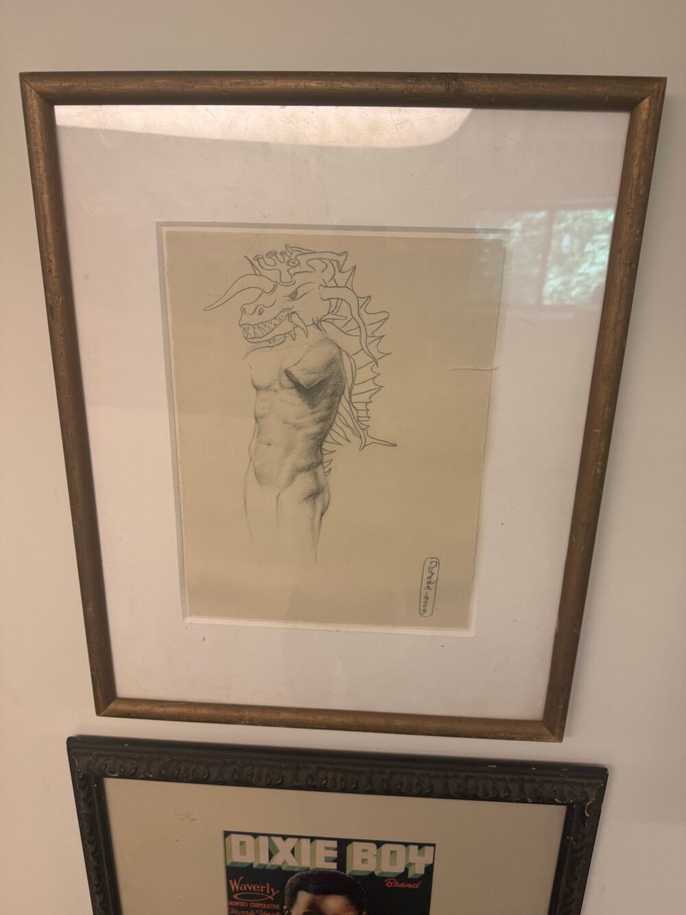 Signed Original Art Anatomical Study of Male Torso w Mythical Dragon Head 17x21”